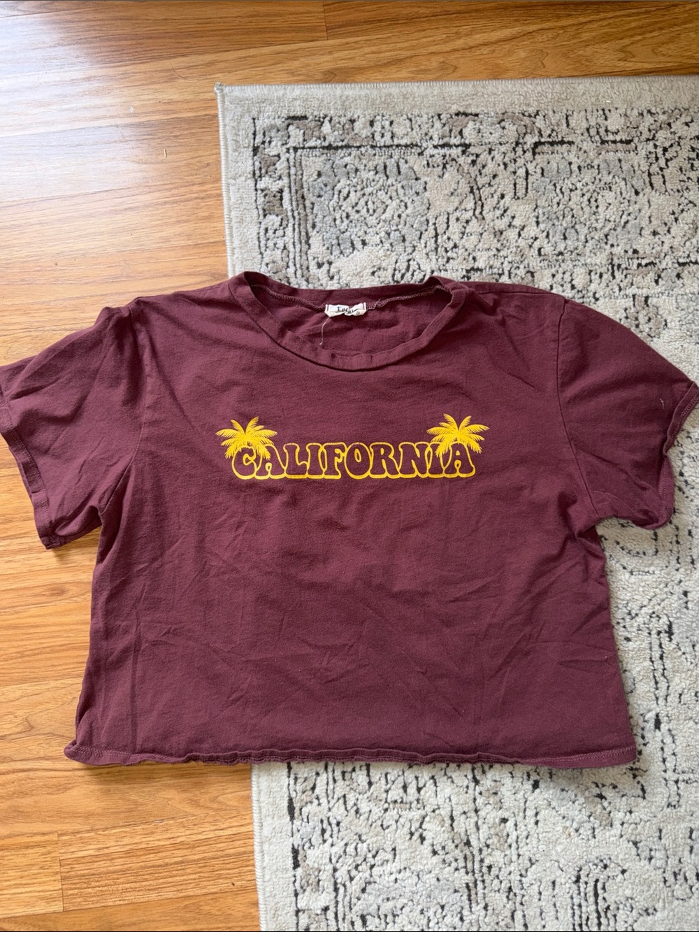 Burgundy California Cropped Graphic Tee with Yellow Palm Print